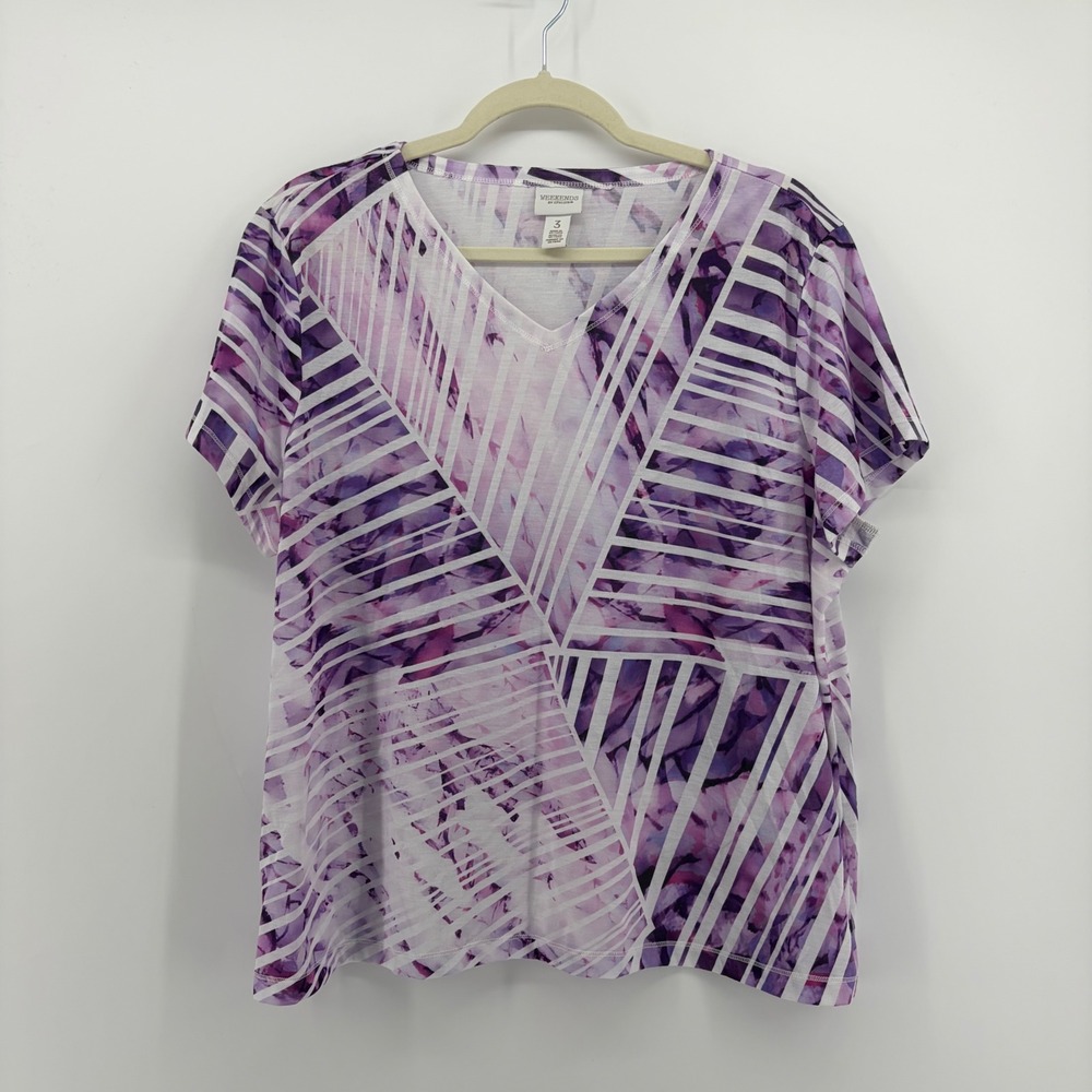 Chico's Weekends Womens 3 / XL Purple Geometric Abstract V-Neck Short Sleeve Top